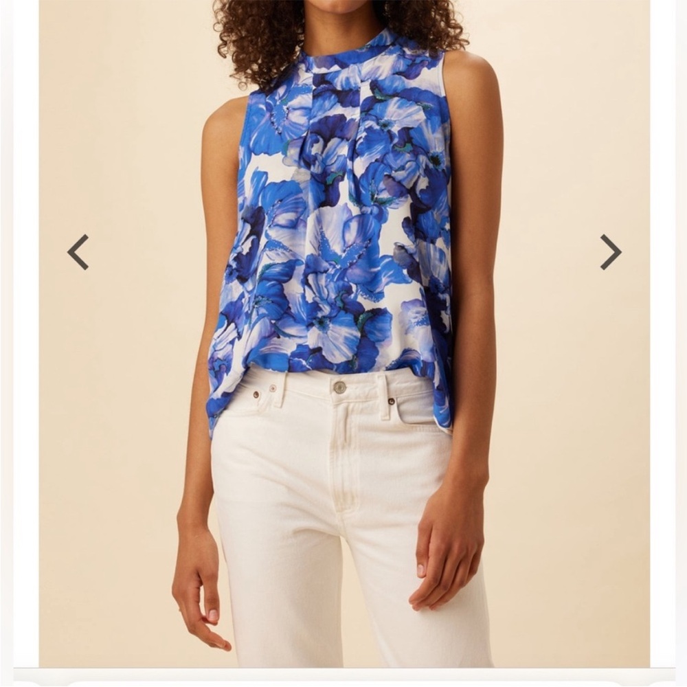 NWT Amour Vert Blue Floral Sleeveless Blouse Jocelyn Crepe Cecily Floral Medium